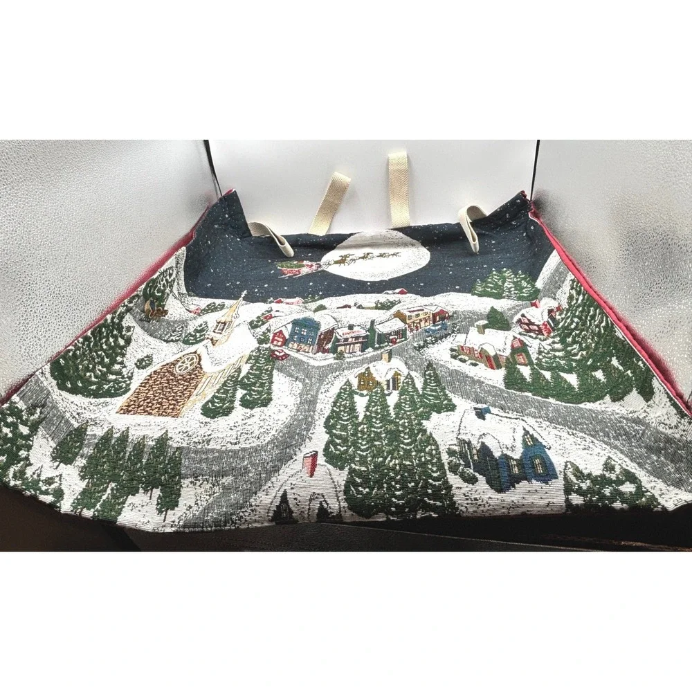 Vintage Christmas Tapestry Wall Hanging Scene Santa‎ Sleigh Snow Village